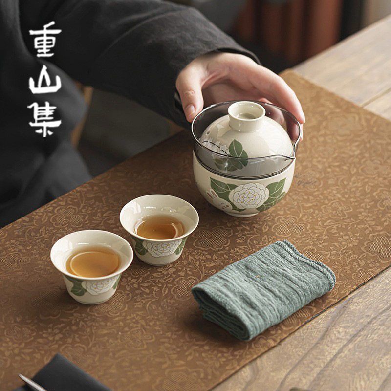 草木灰手绘玻璃旅行茶具套装便携式随身户外陶瓷快客杯一壶三杯