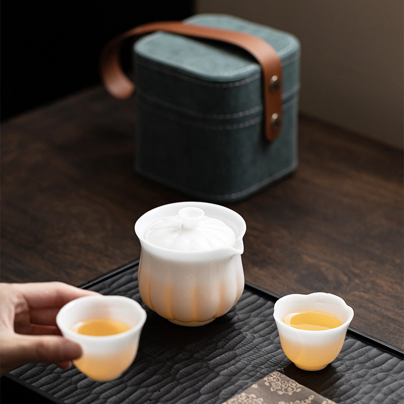 中式冰种羊脂玉白瓷一壶二杯陶瓷旅行茶具高档茶具品茗杯批发