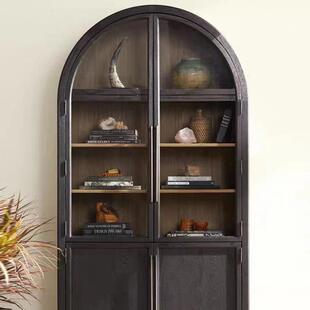 美式乡村实木书柜北欧餐边柜黑色拱形玻璃门装饰书架法式复古酒柜