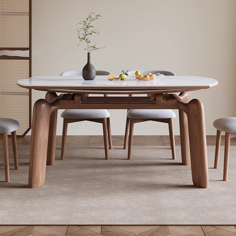 可方圆两用岩板餐桌椅伸缩折叠简约现代家用中古风实木饭桌小户型