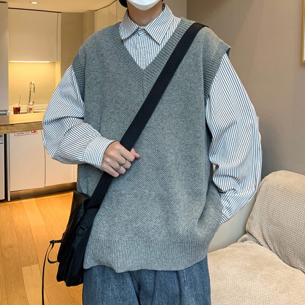 春秋内搭针织打底衫男纯色休闲百搭潮流ins港风日系马甲毛衣背心