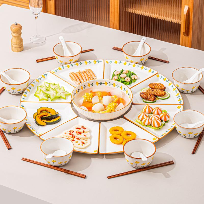 碗ins风高颜值山菊花团圆拼盘陶瓷餐具组合家用过年送礼碗碟套装