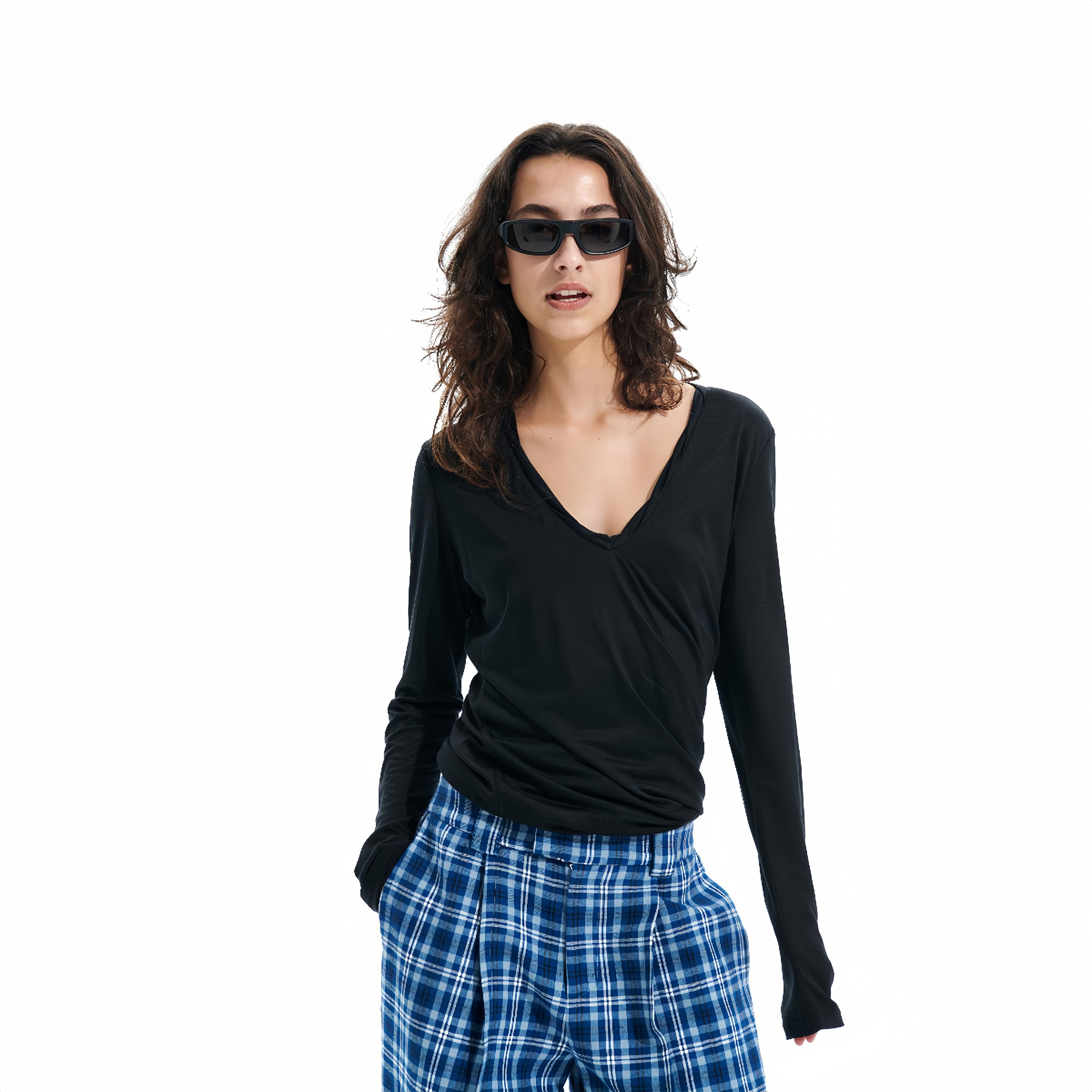 Two little guys* 24秋冬V领堆积感褶皱双层天丝长袖T恤