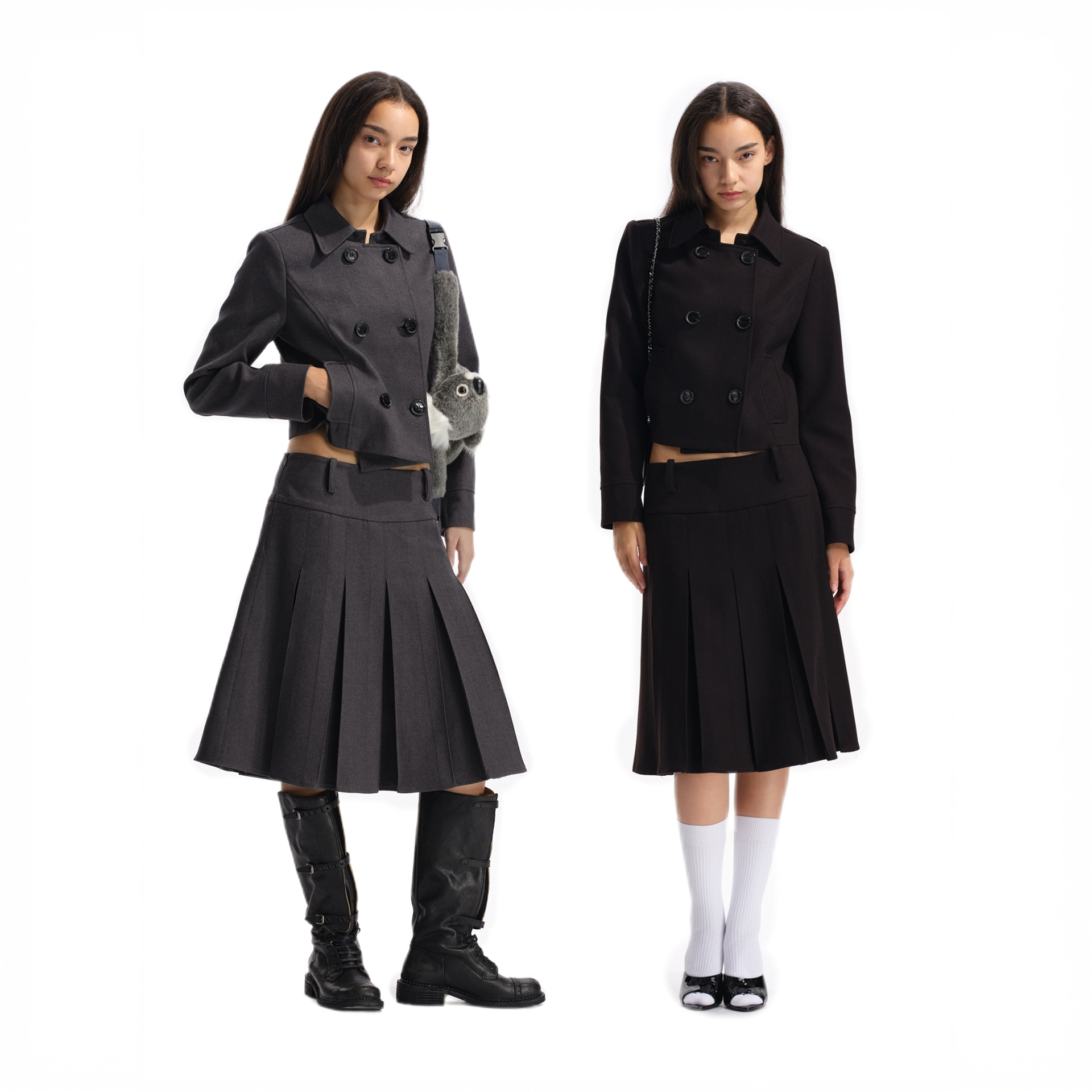 Two little guys*TR厚款西装复古双排扣外套+ A字低腰西装百褶裙