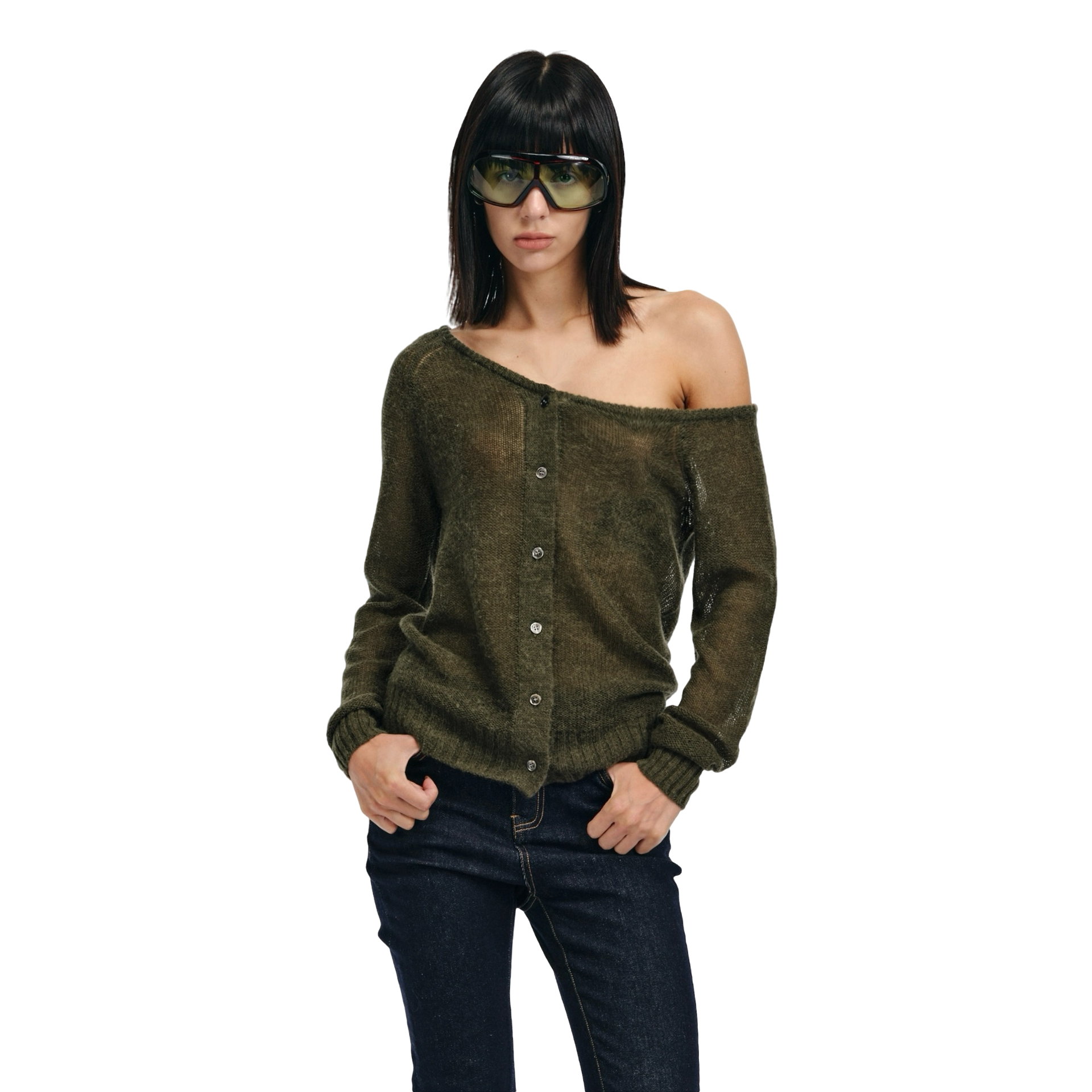 Two little guys*羊驼毛羊毛混纺慵懒感轻薄斜肩贝壳扣针织开衫