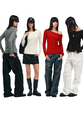 Two little guys*慵懒感多色羊毛结构毛边一字领打底衫