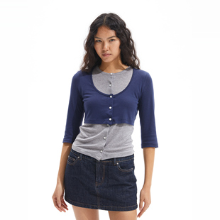 little 针织衫 guys 贝壳扣开衫 天丝羊毛假两件撞色7分袖 Two