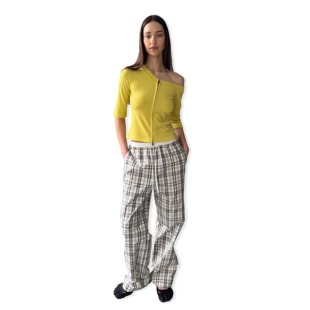 廓形高密纯棉格纹撞色腰头抽绳微喇裤 guys little Two