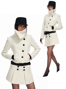 Two little guys*古早羊毛呢大翻领短外套+双排扣防走光呢子短裙