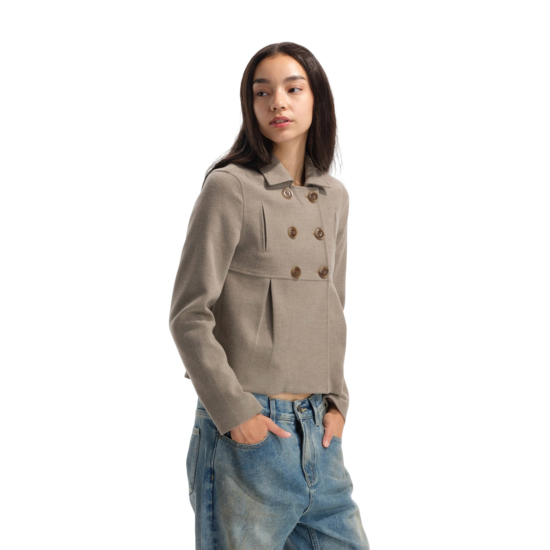 Two little guys*2000.s铜氨羊毛混纺轻柔复古娃娃双排扣呢子外套