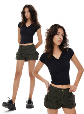 TWO LITTLE GUYS*高腰显瘦设计感工装裤多口袋军绿色休闲短裤