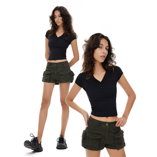 LITTLE 多口袋军绿色休闲短裤 GUYS 裤 高腰显瘦设计感工装 TWO