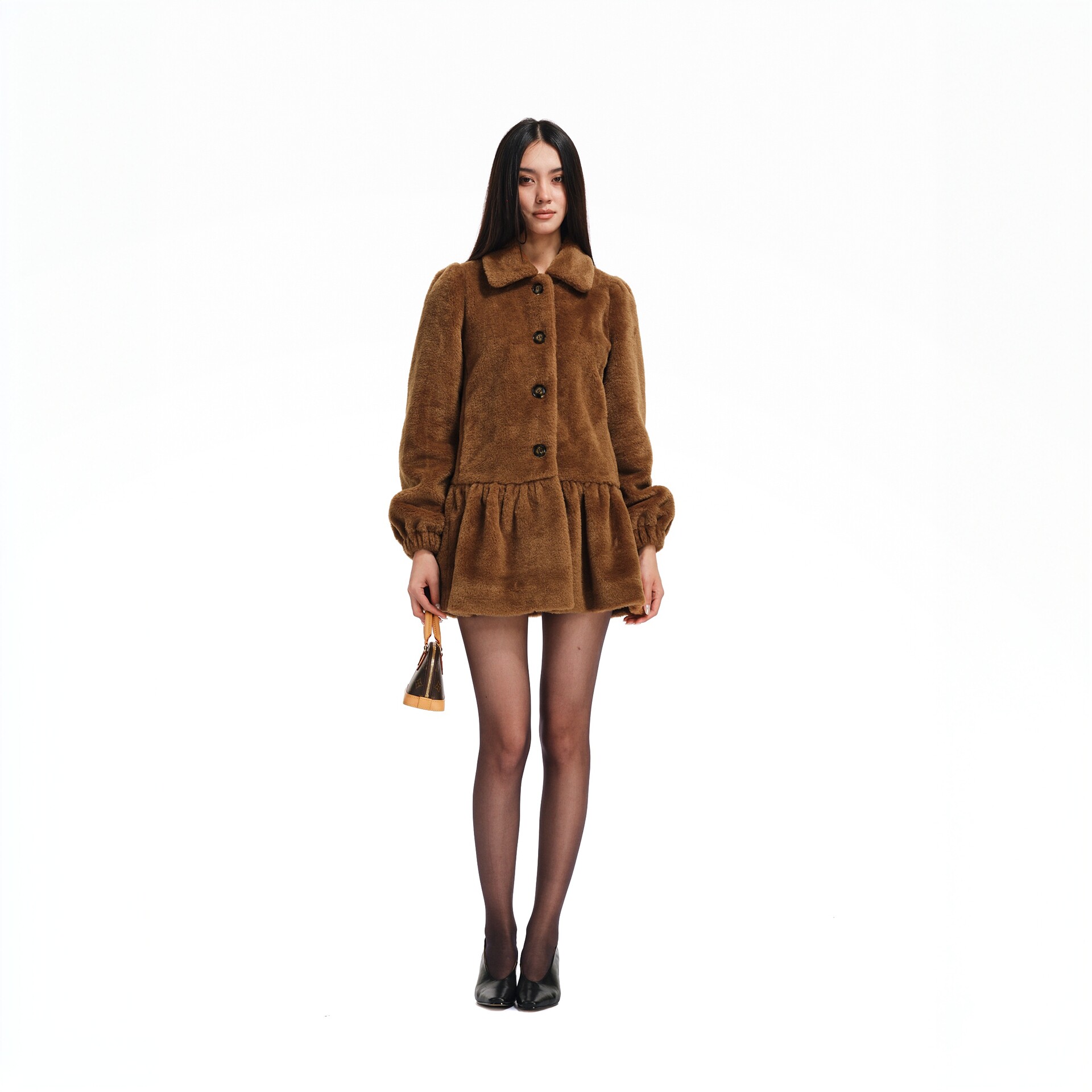 Two little guys*泰迪熊娃娃领泡泡袖毛绒连衣裙外套大衣