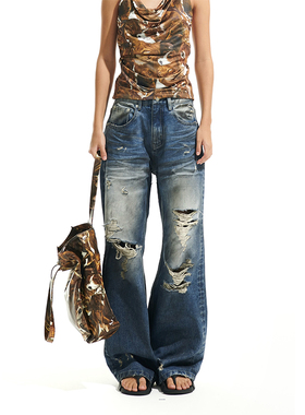 TWO LITTLE GUYS*破洞做旧油漆牛仔裤宽松设计感磨洗直筒拖地裤