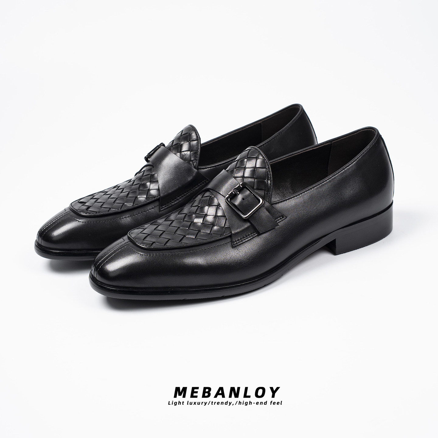 英伦风真皮乐福鞋男编织搭扣一脚蹬商务休闲皮鞋百搭时尚透气男鞋