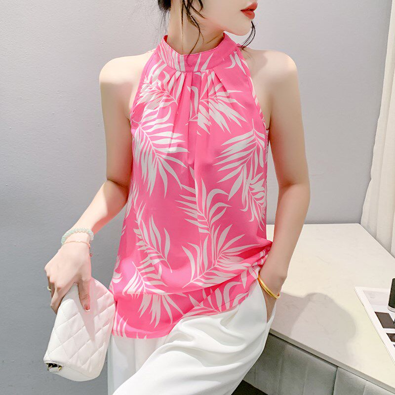 辣妹印花挂脖吊带背心女夏外穿美式气质减龄无袖露肩雪纺宽松上衣
