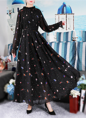 2021年新款高领碎花雪纺连衣裙春夏长裙女大码长袖夏季长款花裙子