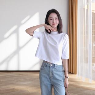 正肩短款T恤女款五分中袖体恤白色高腰显瘦百搭小半高领上衣夏季
