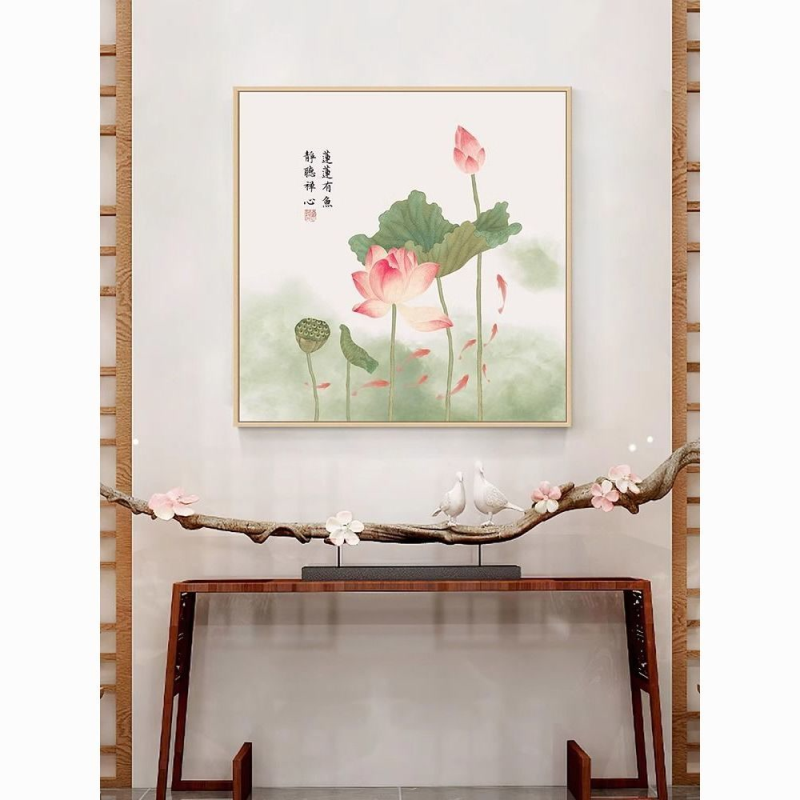 荷花装饰画正方形中式墙壁挂画客厅玄关走廊禅意茶室墙面莲花壁画图片