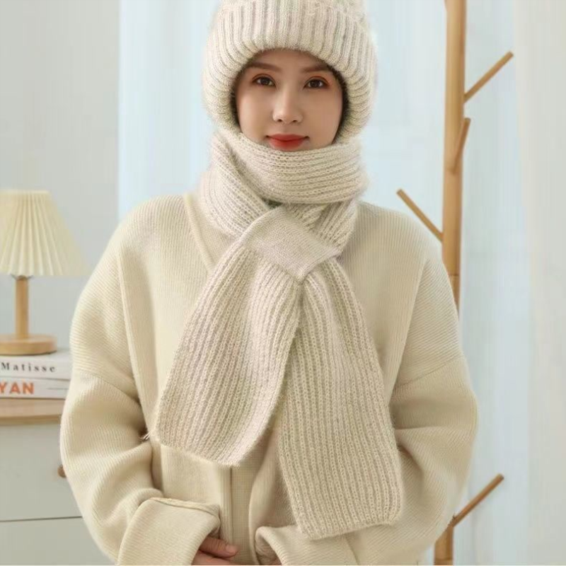 冬季保暖加绒加厚女士帽子围巾一体松鼠绒风雪帽毛线编织网红帽子