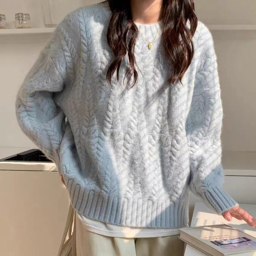 冬季新款毛衣女套头加厚圆领韩版宽松麻花小个子针织上衣初高中生