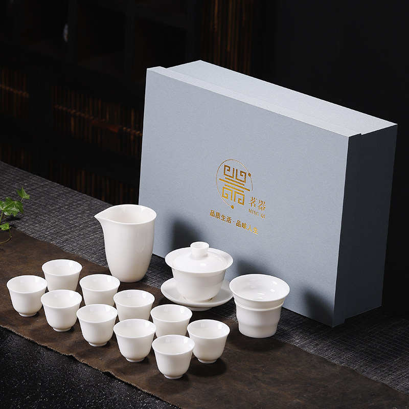 凌胜德化白瓷套装羊脂玉家用功夫茶具茶杯泡茶器礼盒公司礼品盖碗