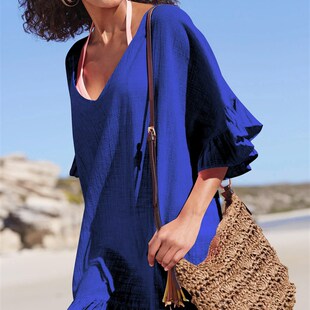 海边度假沙滩裙防晒宽松大码 外套女罩衣 竹节棉V领比基尼泳衣罩衫