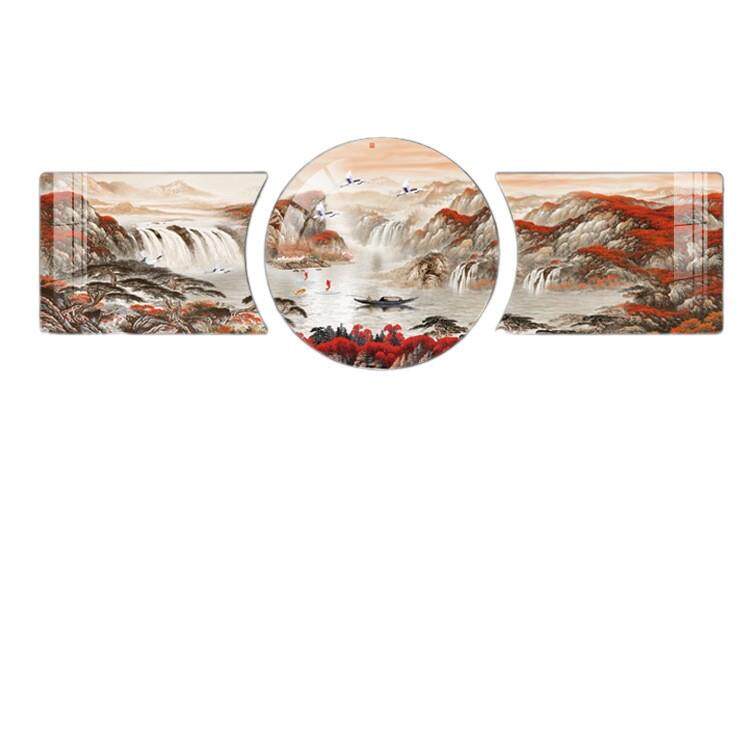 鸿运当头装饰画国画新中式客厅山水挂画大气沙发背景墙壁画三联画