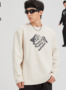R.Q.G男生上衣T恤男士春秋装长袖宽松黑色设计感纯棉潮牌圆领卫衣