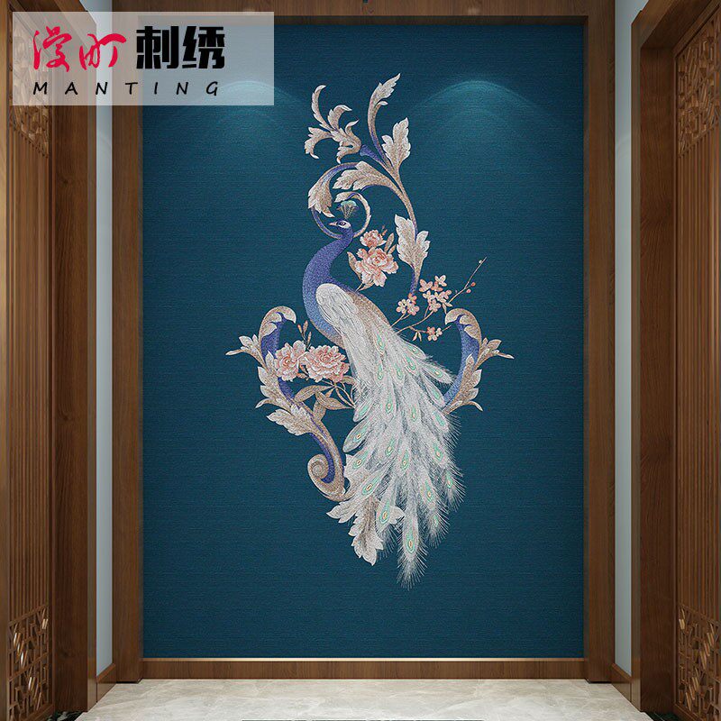 独绣背景墙布中式高端刺绣高档无缝独秀轻奢孔雀壁布简约玄关定制