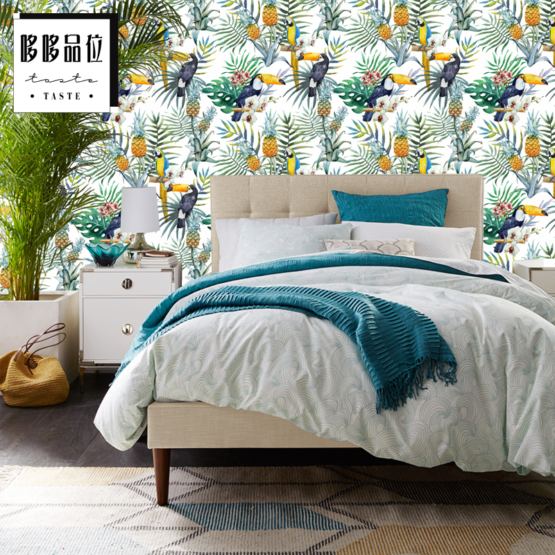 北欧热带植物福鸟壁纸简约素雅无缝墙布客厅卧室餐厅壁画DDPW246