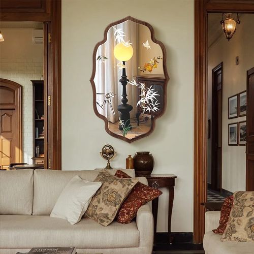 中古风客厅装饰画餐厅背景墙镜子壁画玄关柜挂画餐边柜创意镜面画
