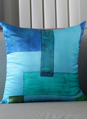 客厅沙发卧室床头蓝色轻轻奢艺术真丝方腰靠垫抱枕套山间野花