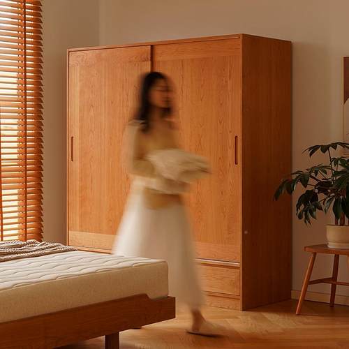 樱IL桃木衣柜推拉门原木全F77SJJJ7实日式橱简约移门大衣卧室收纳