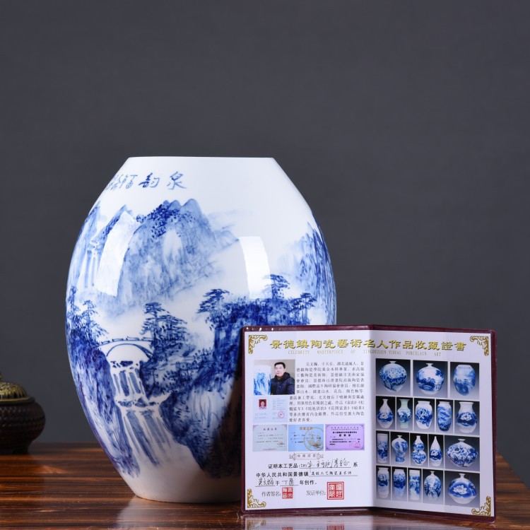 手绘陶瓷花瓶摆件 手工创意青花瓷腰鼓花瓶花插 室内家装饰品收藏