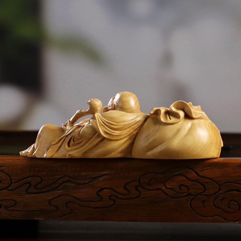 厂FAI家黄木摆件笑佛卧靠布袋弥勒摆汽车件手工木杨制雕祥瑞