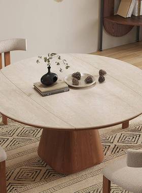 实木用方变圆叠两用洞石板伸缩餐桌现代简约家小户型可lt100422折