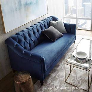 065三人 复古民宿客厅直艺排小户蓝色丝sofa 美式 布拉扣沙发法绒式