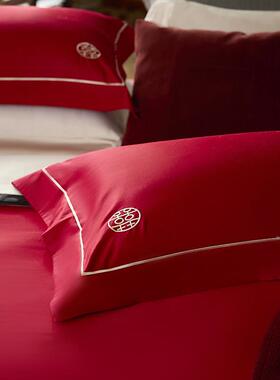 12匹0支马嫁棉大红色结婚床品高喜端庆陪VOJ被套纯棉简约四件套床