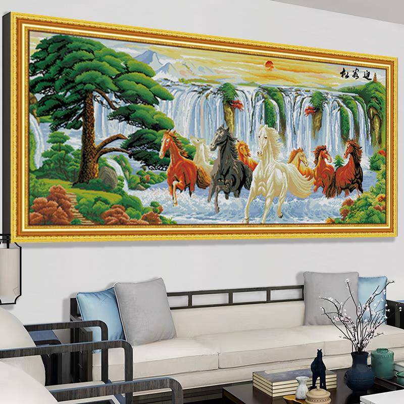 十字绣2025新款满绣客厅书房背景横版挂画中式名画迎客松马到成功