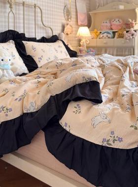 韩系公主双层纱床上四件套黑花边洗被2024YKD套水棉纤人维单床风