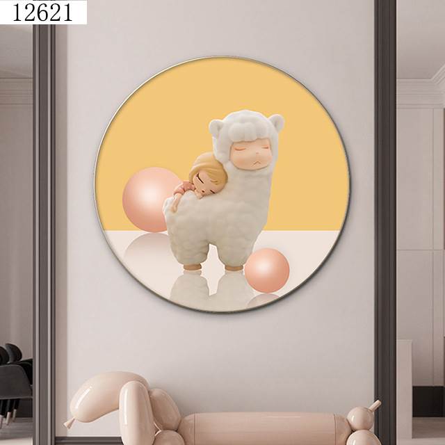儿童房装饰画北欧简约粉色卡通超萌床头画可爱少女心卧室圆形挂画图片