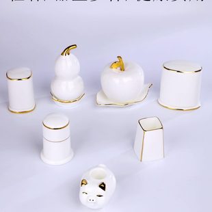 罐家用酒店牙签牙签盅高端牙签盒餐厅骨瓷定制logo边金陶瓷牙签筒