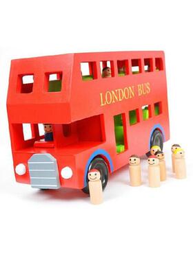 直销儿童木质拼装公交车木制双层大红巴士汽车场景玩具