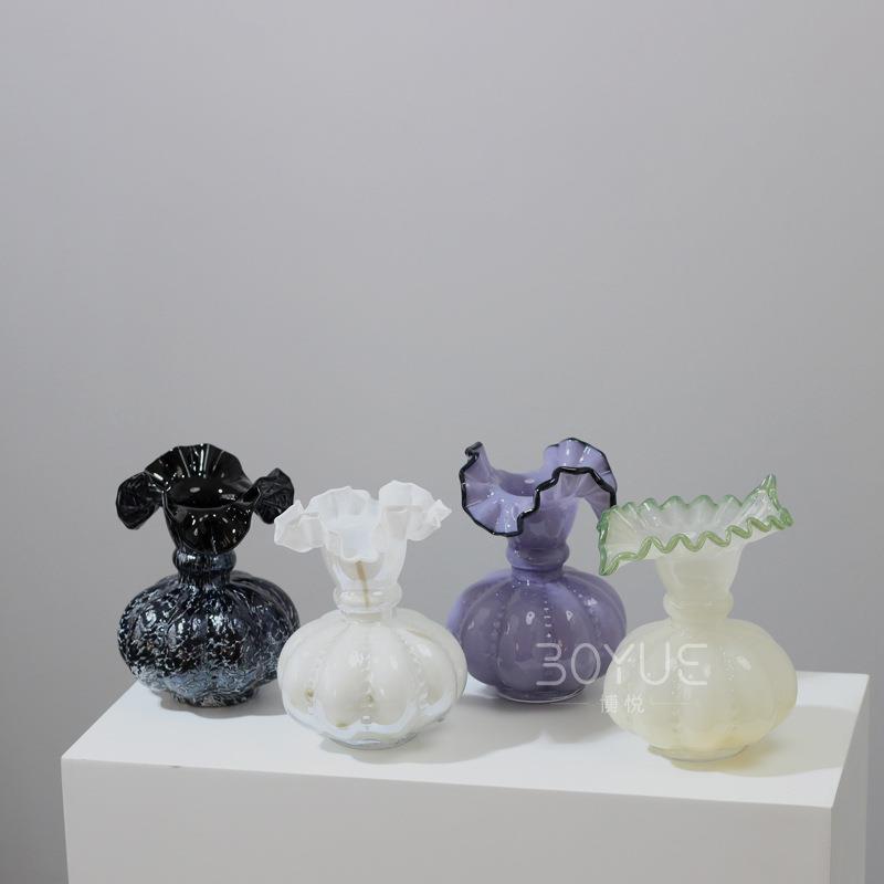 中古奶油风芬顿手工花边琉璃摆件创意客厅餐桌玄关水养鲜花干花瓶