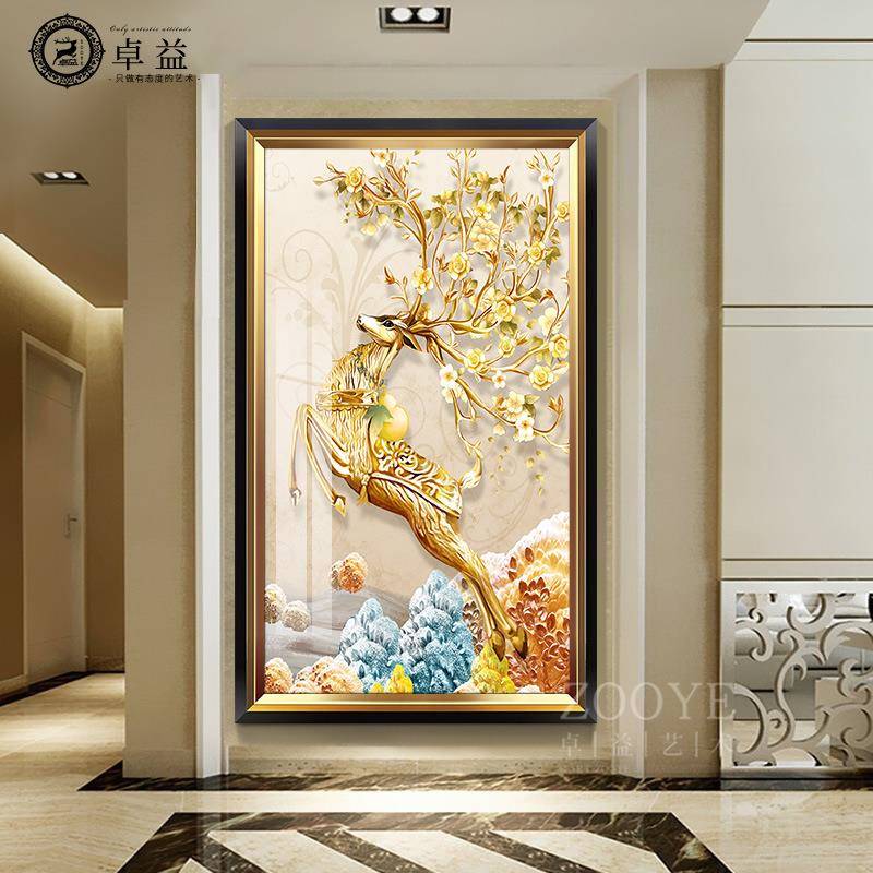 现代轻奢大气玄关装饰画竖版走廊过道壁画招财发财鹿欧式客厅挂画