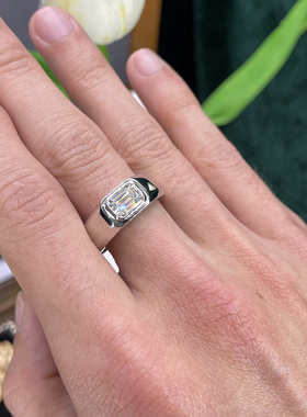 澄一S925银T家同款祖母绿切5*7mm莫桑1克拉男戒订婚戒指赠刻字