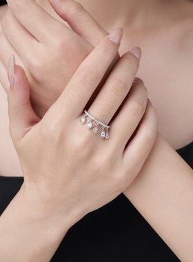 澄一珠宝S925纯银皇冠创意个性流苏莫桑石小众质感戒指女