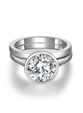 澄一S925银镶9.0mm圆形3克拉莫桑石套戒女士订婚戒指叠戴时尚法式