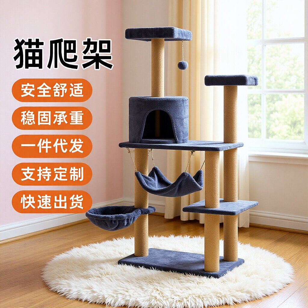 宠物玩具木质猫窝猫树猫抓柱猫吊床猫咪登高瞭望台猫爬架工厂批发